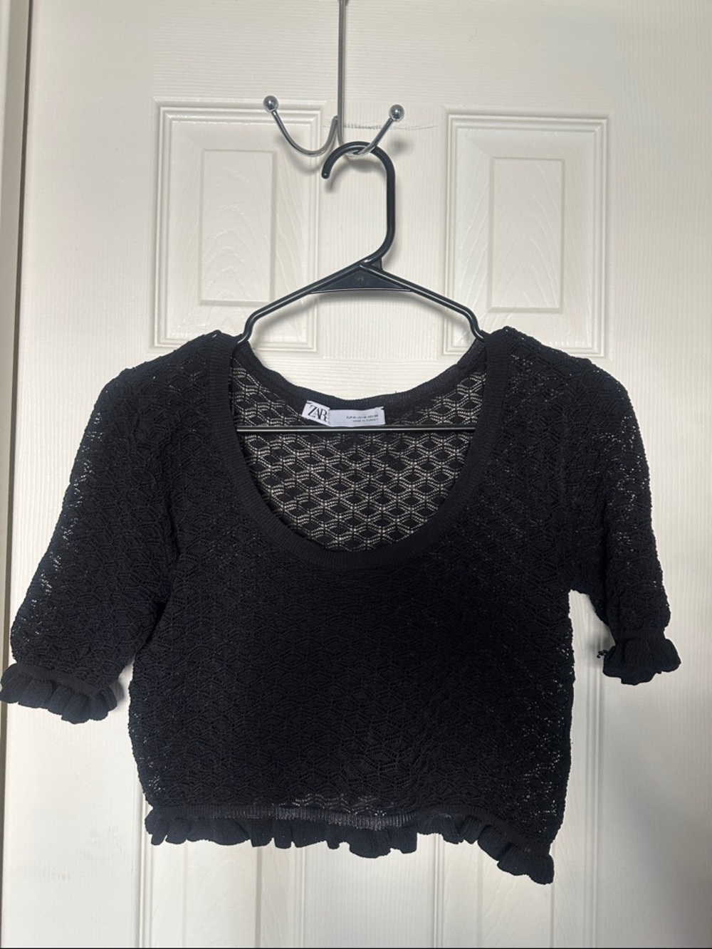 Zara Black Sheer Cropped Knit Top with Ruffle Trim